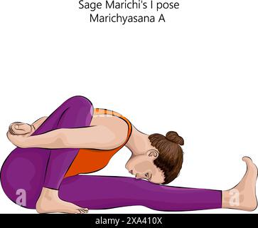 Eine junge Frau, die Marichyasana Eine Yoga-Pose übt. Sage Marichi posiere ich. Mittlere Schwierigkeit. Isolierte Vektordarstellung. Stock Vektor