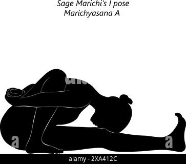 Farbenfrohe Silhouette einer Frau, die Marichyasana Eine Yoga-Pose praktiziert. Sage Marichi posiere ich. Mittlere Schwierigkeit. Isolierte Vektordarstellung Stock Vektor