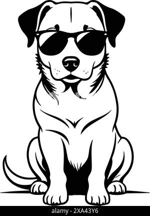 Golden Retriever mit Sonnenbrille. Labrador Hundeporträt mit Sonnenbrille. Strichgrafik. Clip Art. Handgezeichnet. Tinte. Schwarz-weiß. Stock Vektor