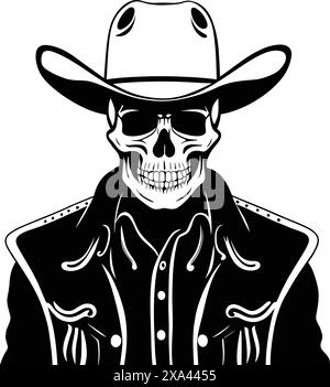 Skull Cowboy Maskottchen mit handgezeichnetem Design. Skelett mit Cowboyhut schwarz-weiße Strichkunst. Vintage Wild West Emblem Vektor Illustration Stock Vektor