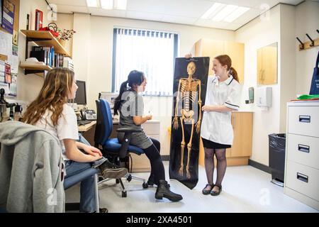 Arzt und Assistentin zeigen dem Patienten in einer Arztpraxis Skelettbild Stockfoto