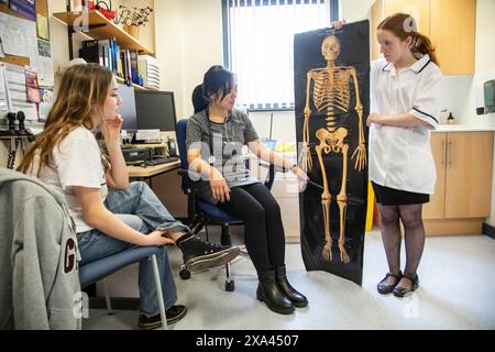 Arzt und Assistentin zeigen dem Patienten in einer Arztpraxis Skelettbild Stockfoto