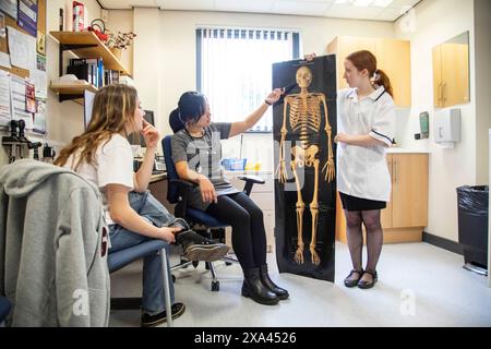 Arzt und Assistentin zeigen dem Patienten in einer Arztpraxis Skelettbild Stockfoto