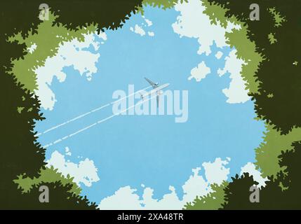 Blick von unten das Flugzeug, das in blauem Himmel fliegt, wie von der Öffnung in Bäumen gesehen Stockfoto