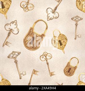 Handgezeichnete Aquarellillustration. Nahtloses Muster im Vintage-Stil mit Vorhängeschlössern und antiken Schlüsseln auf Papierhintergrund. Clipart in ockerfarbener Farbe. Stockfoto
