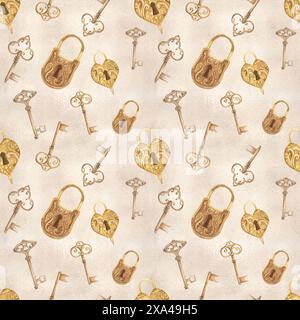 Handgezeichnete Aquarellillustration. Nahtloses Muster im Vintage-Stil mit Vorhängeschlössern und antiken Schlüsseln auf Papierhintergrund. Clipart in ockerfarbener Farbe. Stockfoto
