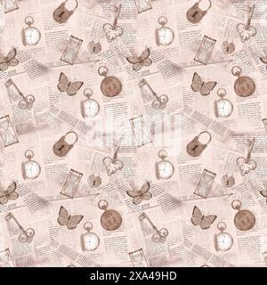 Einfarbiges, nahtloses Muster im Vintage-Stil mit Schlüsseln, Taschenuhr, Schmetterlingen und alten Zeitungen. Handgezeichnete Aquarellillustration. Stockfoto