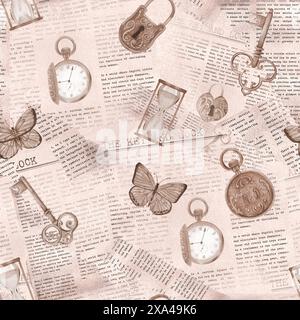 Einfarbiges, nahtloses Muster im Vintage-Stil mit Schlüsseln, Taschenuhr, Schmetterlingen und alten Zeitungen. Handgezeichnete Aquarellillustration. Stockfoto
