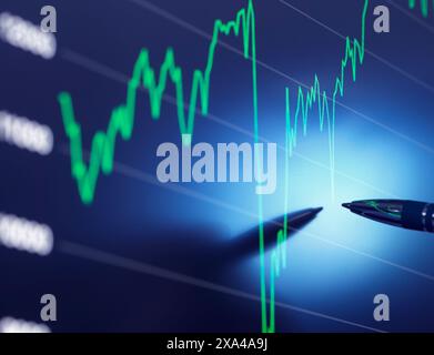 Eine Nahaufnahme eines Börsendiagramms auf einem digitalen Bildschirm, wobei die Hand einer Person einen Stift hält, der auf eine bestimmte Trendlinie zeigt. Stockfoto