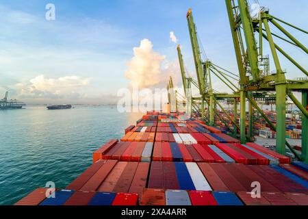 Frachtcontainer, die während des Sonnenaufgangs auf einem großen Schiff in einem Hafen gestapelt sind, mit Kränen und einem klaren Himmel im Hintergrund. Stockfoto