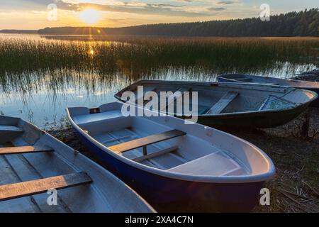 Kleine Ruderboote liegen abends an der Seeküste, karelianische Landschaft Stockfoto