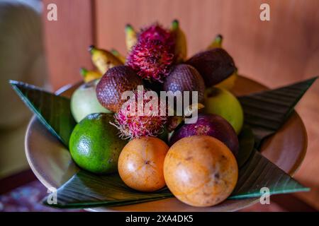 Eine lebendige Schüssel mit verschiedenen tropischen Früchten, einschließlich Rambutans, Orangen und Bananen, auf grünen Blättern angeordnet. Stockfoto