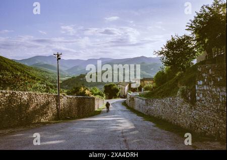 Ein ruhiger Blick auf eine alte Landstraße mit Steinmauern auf beiden Seiten, die zu sanften grünen Hügeln führen, mit einer einzigen Person, die in der Ferne unter einem weichen Himmel läuft. Stockfoto