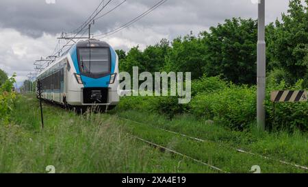 Der moderne Personenzug fährt auf schlechten und vernachlässigten Gleisen. Grüne Bahnstrecke, Blätter und Gras wachsen aus dem Kiesbett. Nicht Stabil Stockfoto