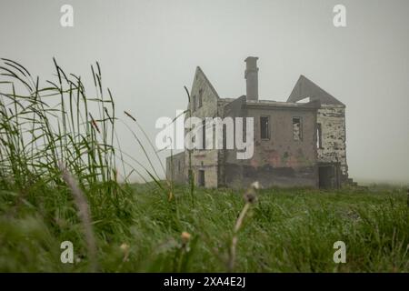 Verlassenes Haus in der westlichen Region Islands an einem bewölkten nebeligen Tag. Gruselhaus mitten im Nebel. Stockfoto
