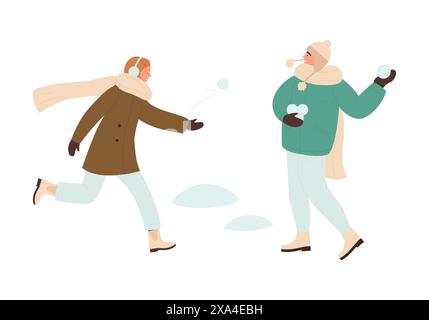 Die Leute spielen Schneebälle, Winterfreizeit der Charaktere in warmen Kleidern Vektor Illustration Stock Vektor