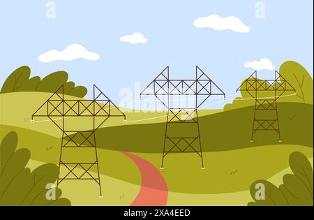 Ländliche grüne Sommerlandschaft mit Stromleitungsinfrastruktur, Vektorillustration aus der Vogelperspektive Stock Vektor