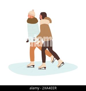 Paare Schlittschuhlaufen auf Eislaufbahn, Winterfreizeit für Mann und Frau Vektor Illustration Stock Vektor