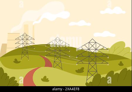 Grüne Landschaft mit Stromleitungen, Hochspannungskabeln und Übertragungstürmen Vektorillustration Stock Vektor