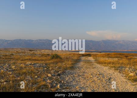 Foto von einem Blick auf die Velebit-Berge über die felsige Inselstraße bei Sonnenuntergang an der Adria in Dalmatien, Kroatien Stockfoto