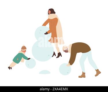 Glückliche Familie, die Schneemann, Mutter, Vater und Kind macht, die zusammen in der Winter-Vektor-Illustration spielen Stock Vektor