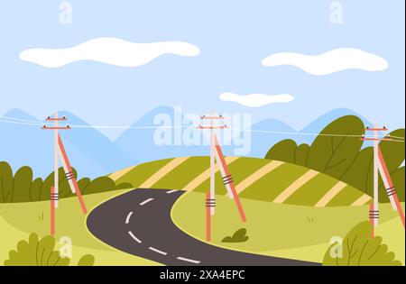 Landschaft mit Stromleitungen und Übertragungstürmen über Asphaltstraße und landwirtschaftliche grüne Felder Vektorillustration Stock Vektor