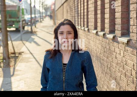 Eine Frau steht auf einem Bürgersteig neben einer Ziegelmauer und blickt bei Tageslicht neutral in die Kamera. Stockfoto