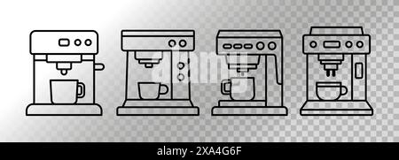 Set mit schwarzen Symbolen für Kaffeemaschinen, die Kaffee in eine Tasse zubereiten. Für Social-Media-Logo, Benutzeroberfläche, Barista, Café-Besitzer oder Kaffeeliebhaber. Stock Vektor