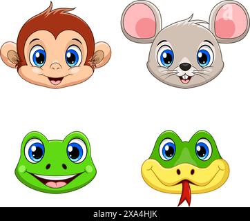 Niedliches Tiergesicht Kollektion Set. Affe, Maus, Frosch und Schlange Stock Vektor