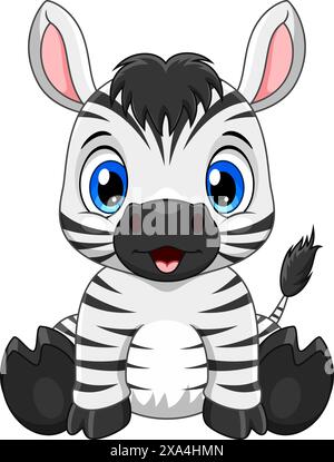 Cartoon niedliches Baby Zebra sitzt isoliert auf weißem Hintergrund Stock Vektor