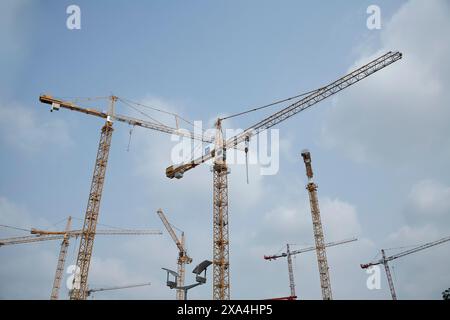 Eine Gruppe von Baukränen ragt gegen einen bewölkten Himmel, was auf ein großangelegtes Bauprojekt hinweist. Stockfoto