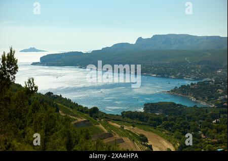 Ein Panoramablick auf eine Küstenlandschaft mit einem riesigen blauen Meer, üppigem Grün und bergigem Gelände im Hintergrund unter klarem Himmel. Stockfoto