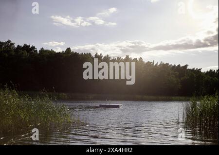 Eine ruhige Seeszene mit einem kleinen Floß im Zentrum, umgeben von üppigem Grün und gebadet in das sanfte Leuchten der untergehenden Sonne. Stockfoto