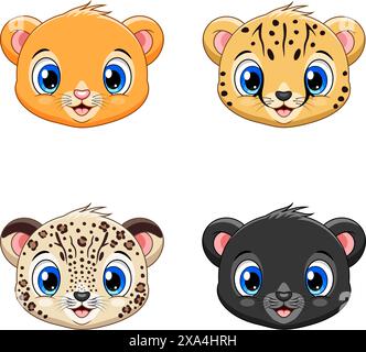 Set aus niedlicher Tiergesichtskollektion. Löwe, Tiger, Leopard und Jaguar Stock Vektor