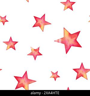 Sternformen in Rot und Gelb nahtlos. Handgezeichnete Aquarellillustration isoliert auf weißem Hintergrund. Design mit 80er 90-Jahren-Motiv für Text Stockfoto