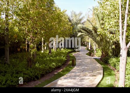 Ein ruhiger Gartenweg, gesäumt von einer Vielzahl von üppigen Bäumen und Sträuchern, wirft Schatten auf dem gewundenen Gang unter dem sanften Tageslicht. Stockfoto