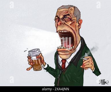 Kunstkarikatur Nigel Farage britischer Politiker und Rundfunksender, Vorsitzender der Reform UK (ehemals Brexit Party) und Vorsitzender der UK Independence Party (UKIP) Stockfoto