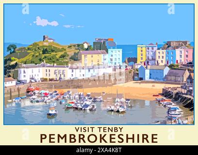Poster im Reisestil, aufgenommen von einem Foto von Tenby, Pembrokeshire, Wales. UK Stockfoto