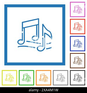 Musiknotizen umreißen flache farbige Symbole in quadratischen Rahmen auf weißem Hintergrund Stock Vektor