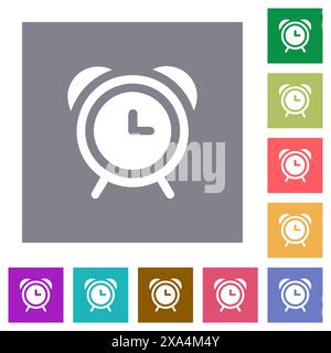Wecker im Retro-Stil mit flachen Symbolen auf einfachen quadratischen farbigen Hintergründen Stock Vektor