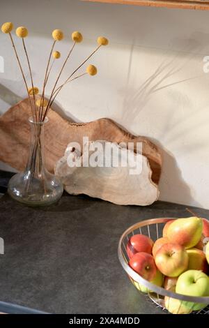 Eine moderne Küchenarbeitsplatte mit einer Glasvase mit getrockneten kugelförmigen Blumen, einem rustikalen hölzernen Servierbrett und einer Drahtschale mit roten und grünen Äpfeln. Stockfoto