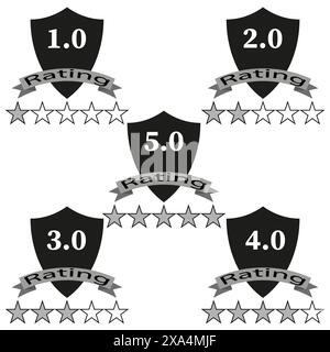Symbole für Schutzschilde. Sternebewertungen werden angezeigt. Schwarz und grau. Vektorabzeichen. Stock Vektor