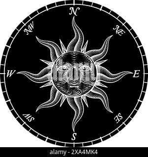 Kompass Sonne Gesicht Ätzrose Holzschnitt Zeichnung Stock Vektor