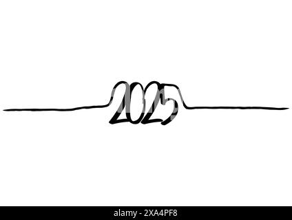 Strichgrafik, Schriftzug 2025, Neujahr, eine durchgehende Strichzeichnung. Für Postkarten Stock Vektor