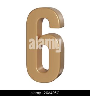 3D Zahl sechs 6 goldenes oder bronzefarbenes Typografiesymbol oder Zeichenvorlage, realistische Illustration. Goldene sechste Ziffer oder Zahl für die Nummerierung Stockfoto