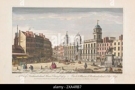 Ein gedruckter Farbstich der allgemeinen Ansicht des Northumberland House Charing Cross London im Jahr 1751, Herausgeber Robert Sayer Printer, war Thomas Bowles Skyline aus dem 18. Jahrhundert und historische Perspektive, die Aquarellfarben alten antiken Druck auftrug Stockfoto