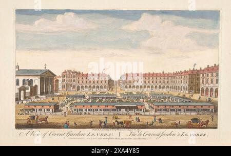 Ein gedruckter Farbstich der allgemeinen Ansicht des Covent Garden London im Jahr 1751, Herausgeber Robert Sayer Printer, war Thomas Bowles Skyline und Stadtlandschaft aus der historischen Perspektive, die Aquarelle alten antiken Druck gravierte Stockfoto