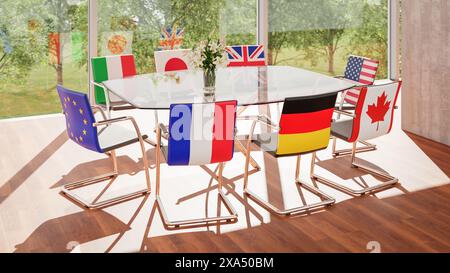 3D-Rendering. Konzept: Konferenzraum für ein G7-Treffen mit Stühlen mit den Fahnen der sieben Teilnehmer plus Europäische Union. Stockfoto