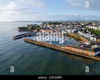 Luftbild mit Paignton Harbour in Devon mit Booten und Yachten, die im Hafen verankert sind. Stockfoto