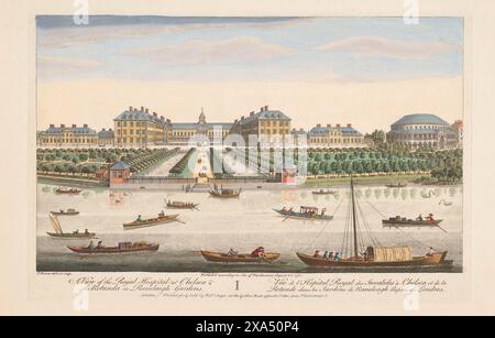 Eine gedruckte farbige Gravur der allgemeinen Ansicht des Royal Hospital in Chelsea und der Rotunda in Ranelaigh Gardens, neben der Themse London im Jahr 1751 der Herausgeber Robert Sayer Printer war Thomas Bowles Skyline aus dem 18. Jahrhundert und die historische Perspektive der Stadt, die Aquarelle alten antiken Druck gravierte Stockfoto